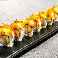 Romeo & Juliet Roll · Salmon, Avocado and Cucumber inside, Topped with Torched Scallop,  Wasabi and Tobiko