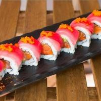 Cherry Blossom Roll · Salmon, Avocado and Cucumber inside, Topped with Tuna and Tobiko