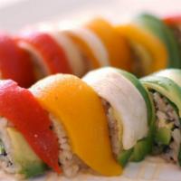 Rainbow Roll · Avocado, Imitation Crab and Cucumber inside, Topped with Assorted Fish