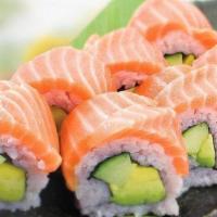 Boston Roll · Cucumber, Imitation Crab and Avocado inside, and Topped with Salmon and Tobiko