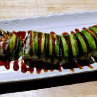 Caterpillar Roll · Eel and Imitation Crab and Cucumber inside, Topped with Avocado and Tobiko