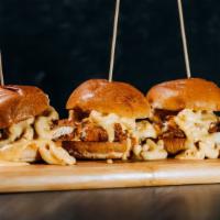 Fried Chicken Mac&Cheese Sliders · Crispy golden chicken topped with mac and cheese.