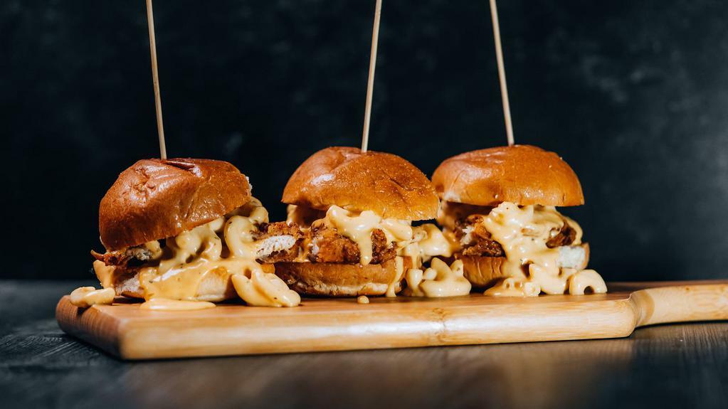 Fried Chicken Mac&Cheese Sliders · Crispy golden chicken topped with mac and cheese.