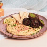 Falafel Baba Ganoush Platter · Falafel served with Baba Ganoush, Rice, Salad, Tomato, Turnips, Pita, and Tahini.