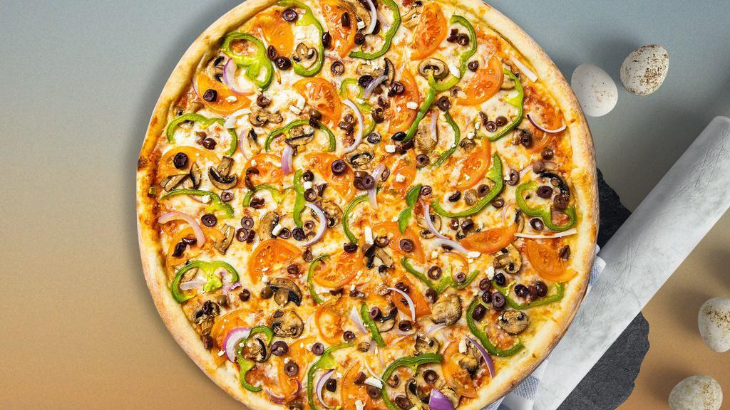 Vegetarian Seafood Pizza · Bell peppers, onions, mushrooms, black olives and tomatoes baked on a hand-tossed dough. Vegetarian.