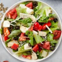 Giant Salad · Serves 10-12 people. Lettuce, tomatoes, cucumber, Kalamata olives and feta cheese served wit...