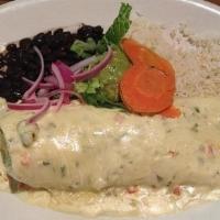 Seafood Burrito · Choice of meat, rice, refried beans, sour cream, mild salsa, onions, cilantro, guacamole, ch...