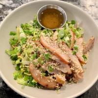 Sesame chicken crunch salad (GF) · Teriyaki chicken, romaine lettuce, green onions, rice noodles, sesame seeds, sunflower seeds...