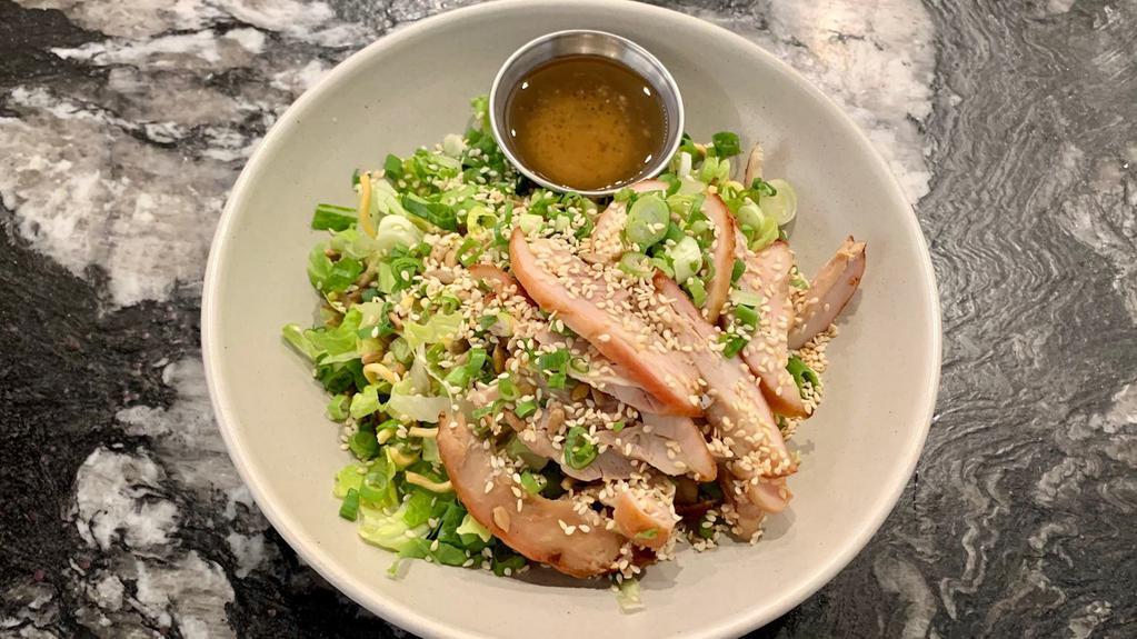 Sesame chicken crunch salad (GF) · Teriyaki chicken, romaine lettuce, green onions, rice noodles, sesame seeds, sunflower seeds, sesame & rice vinegar dressing