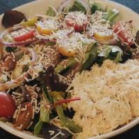 Garden Salad · Organic mixed green, cherry tomato, cucumber, onion, cheese, and balsamic vinaigrette.