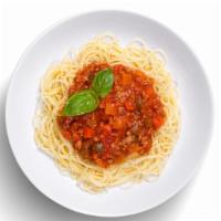 Spaghetti with Meat Sauce · Housemade ground beef meat sauce prepared with mushrooms and bell peppers, served over fresh...