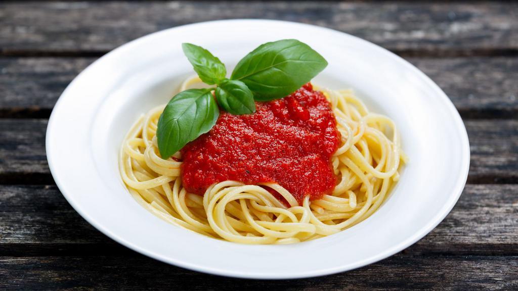 Spaghetti with Marinara Sauce · Housemade marinara sauce prepared with mushrooms and bell peppers, served over fresh spaghetti pasta.