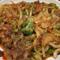 YAKI UDON (Stir Fried) · - Stir fried udon noodle with mixed seafood, pork, fish cakes, veggies, yaki soba sauce, ses...