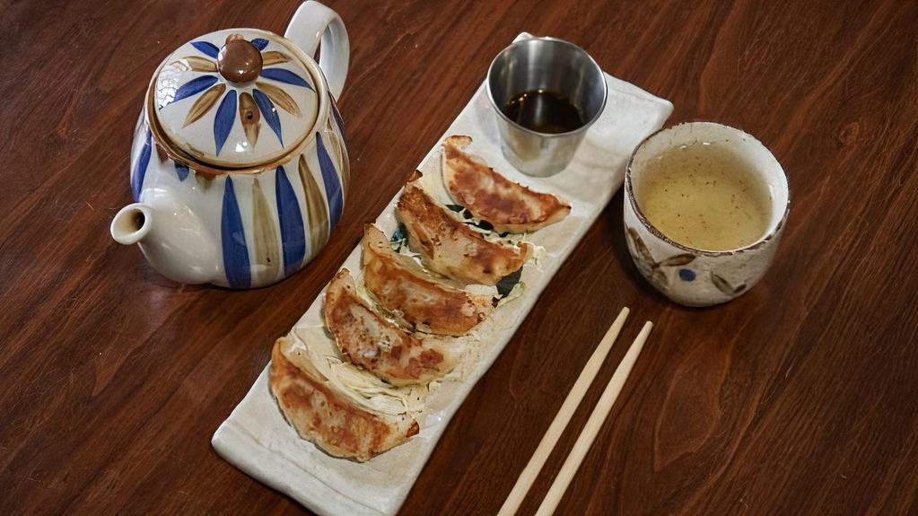 GYOZA (5 pcs.) · - Mixed pork and chicken Japanese pot stickers served with homemade gyoza dipping sauce.