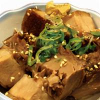 PORK KAKUNI · - Homemade Japanese style pork belly marinated in soysauce served with spicy mustard and gre...
