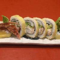 SPIDER ROLL (5 pcs.) · INSIDE : Fried Soft Shell Crab + Crab 
+ Avocado + Romaine / OUTSIDE : Soy Paper