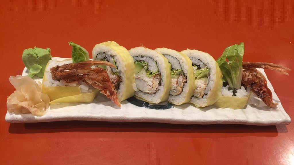 SPIDER ROLL (5 pcs.) · INSIDE : Fried Soft Shell Crab + Crab 
+ Avocado + Romaine / OUTSIDE : Soy Paper