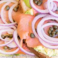 15. Avocado Toast with Smoked Salmon · Smoked salmon, capers, onions & tomato