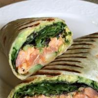Sweet Chili Salmon Avocado Wrap · Fresh Salmon marinated in a mix of spicy garlic chili and sweet teriyaki sauce with mixed gr...