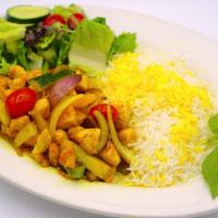 Chopped Chicken Saute · Chopped chicken fillet sauteed with garlic and fresh vegetables and served with rice and sal...
