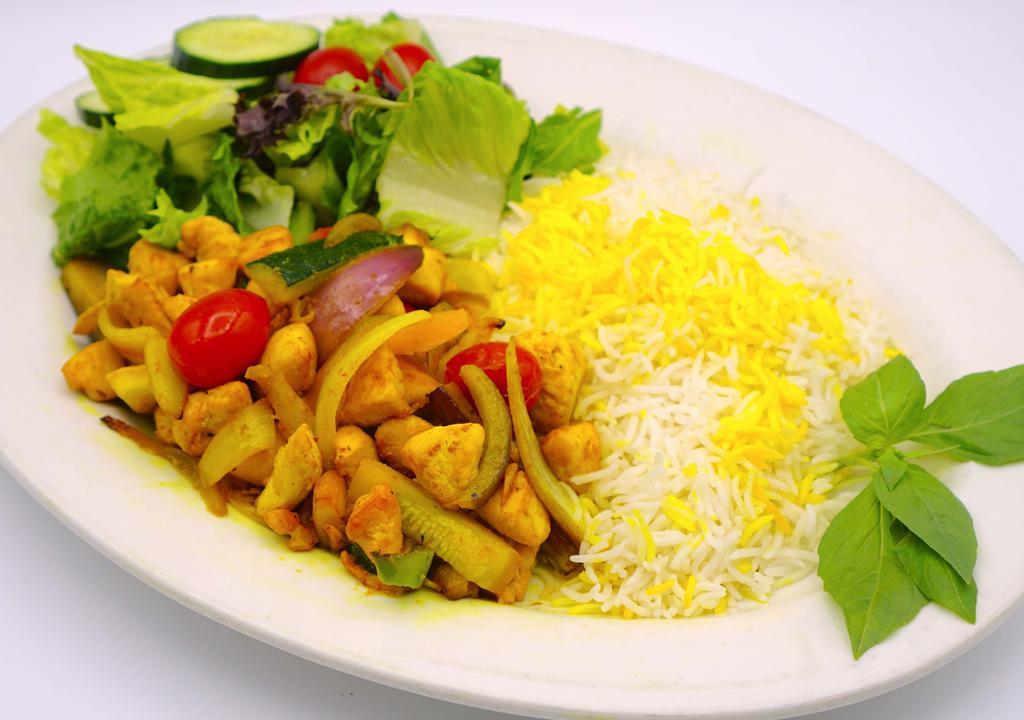 Chopped Chicken Saute · Chopped chicken fillet sauteed with garlic and fresh vegetables and served with rice and salad. (jalapeno available).