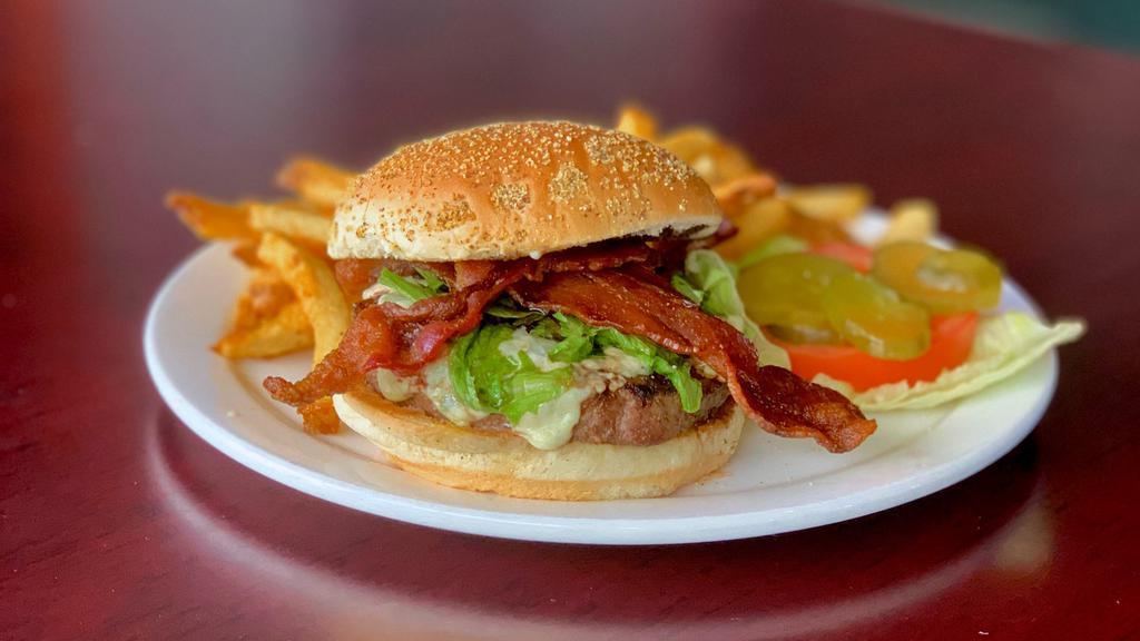 GH Burger · GH spread, choice of cheese, lettuce, tomatoes. Pickles.