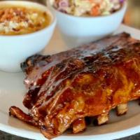 Grill House Ribs · GH Stout BBQ Sauce, potato salad, GH Mac N' Cheese (topped with bacon)
