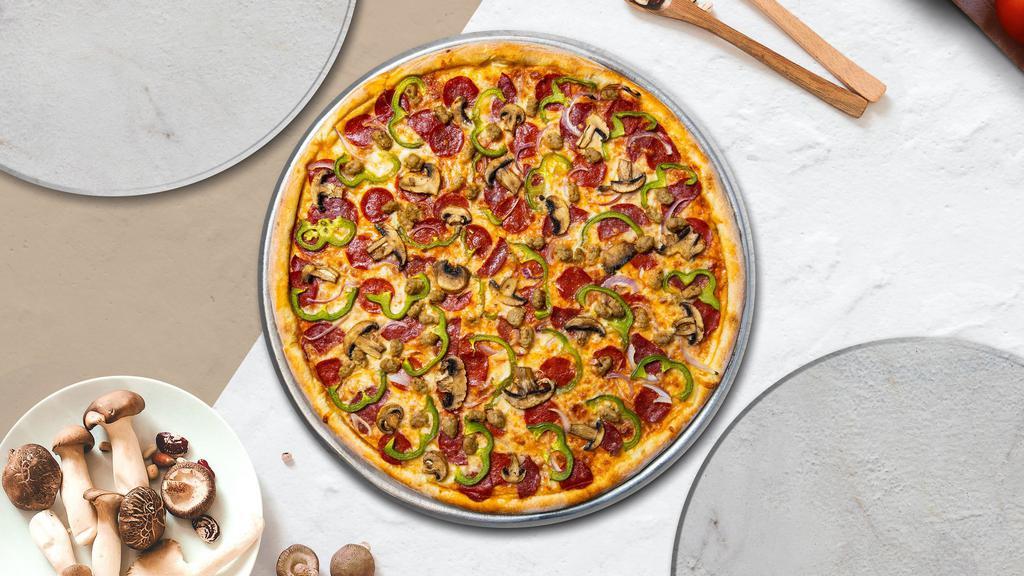 Loaded Up Pizza · Fresh mushrooms, green peppers, and vegan cheese baked on a hand-tossed dough.