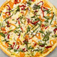 Margherita Pizza · Mozzarella, fresh marinara sauce, cherry tomatoes, basil, and extra-virgin olive oil baked o...