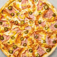 Spicy Hawaiian Pizza · Fresh pineapples, ham, mozzarella, our special hot sauce, and spicy jalapenos baked on a han...
