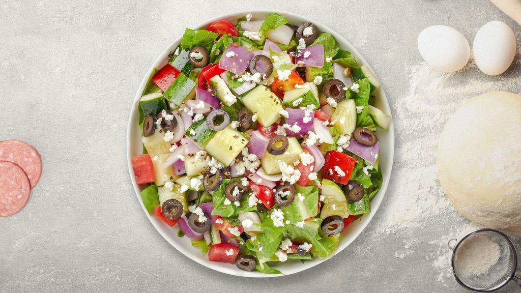 Greek Salad · (Vegetarian) Romaine lettuce, cucumbers, tomatoes, red onions, olives, and feta cheese tossed with your choice of dressing.