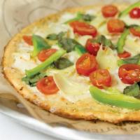 Gf Cauliflower Pizza (Gluten Free, Vegetarian Friendly) · Gluten-free Cauliflower Crust, Herb Butter, Mozzarella, Grape Tomato, Green Pepper, Artichok...