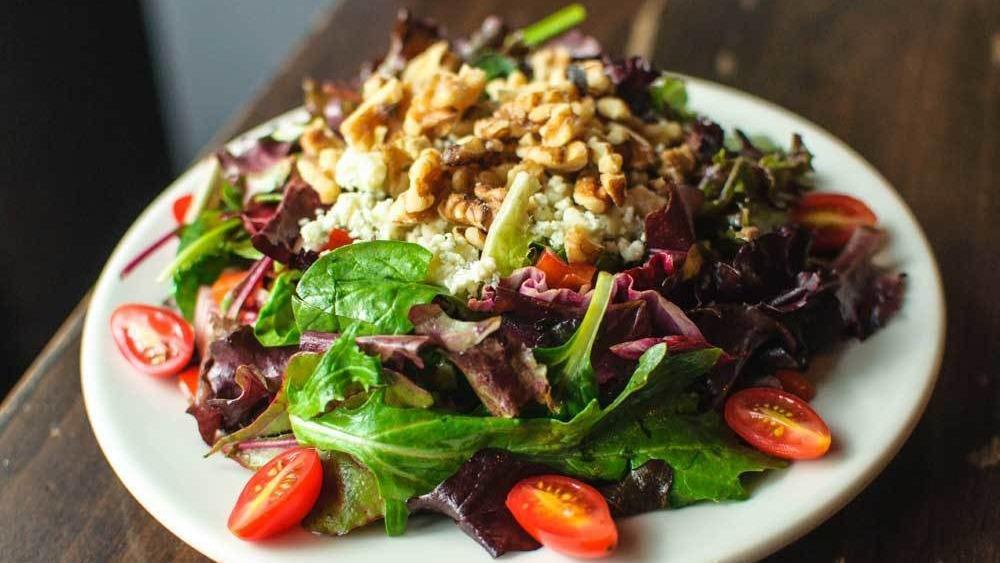 Large Mixed · Mixed greens, cherry tomatoes, blue cheese, red onion, walnuts, balsamic vinaigrette