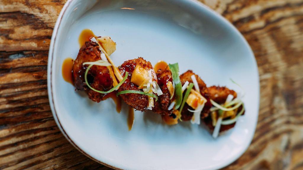 Coconut Crusted Prawns  · butterflied prawns, soy glaze, grilled pineapple, toasted coconut, jicama, green onions