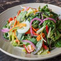 Coconut Paradise Salad · bell peppers, cucumber, snap peas, pickled red onions, cherry tomatoes, green apple, carrot,...