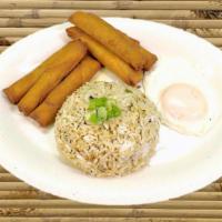 Lumpiasilog · Tasty pork lumpia, garlic fried rice, fried egg and with a savory condiment sweet chili sauce.