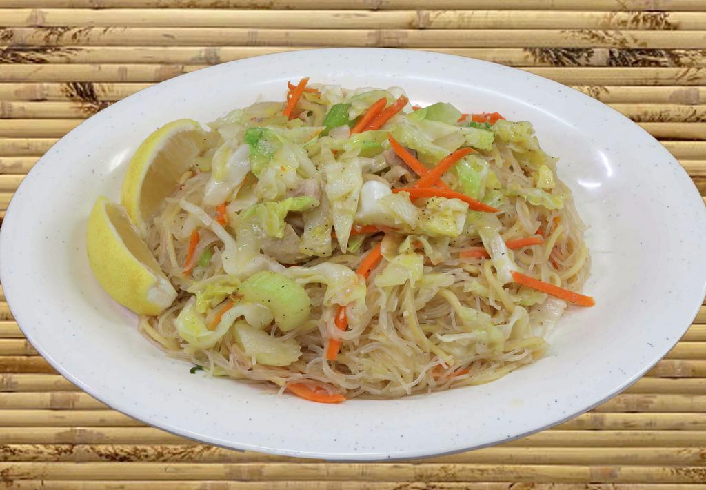 Pancit Bihon  Guisado (Available at 9:30am - 20 min wait) · Made of  rice noodle, strips of chicken, bit of lemon, fish sauce, soy sauce and sliced assorted vegetables.