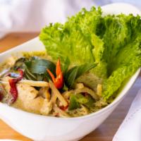 Green Curry · Spicy. Kaeng kaew. Green curry paste in coconut milk with eggplant, bell pepper, bamboo shoo...