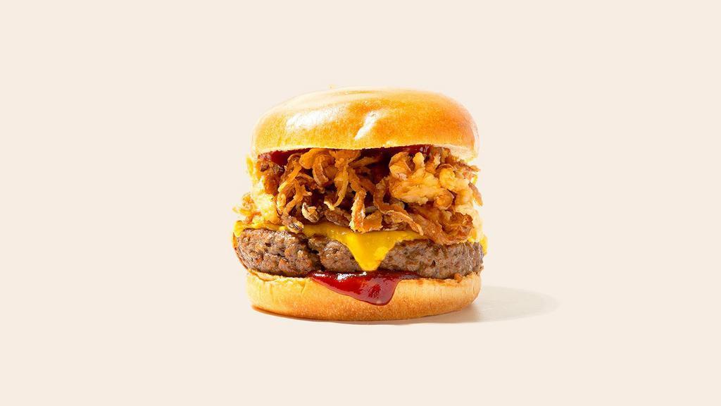 Bbq Burger · Beef patty with cheddar cheese, fried onions, and bbq sauce on a fluffy bun.