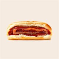 Bbq Sausage Sandwich · Smoked sausage with coleslaw and bbq sauce on a fluffy bun.