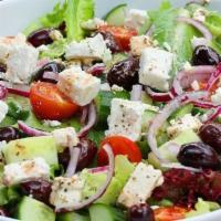 Spring · Mixed greens, black olive, cucumber, cherry tomato, garbanzo beans, roasted red pepper, feta...