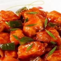 Chilli Paneer · Batter fried Indian cottage cheese tossed with onion, peppers and hot garlic sauce.