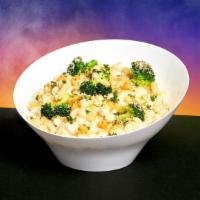 Garlic and Broccoli Mac and Cheese · Classic mac and cheese with broccoli and topped with grated garlic.