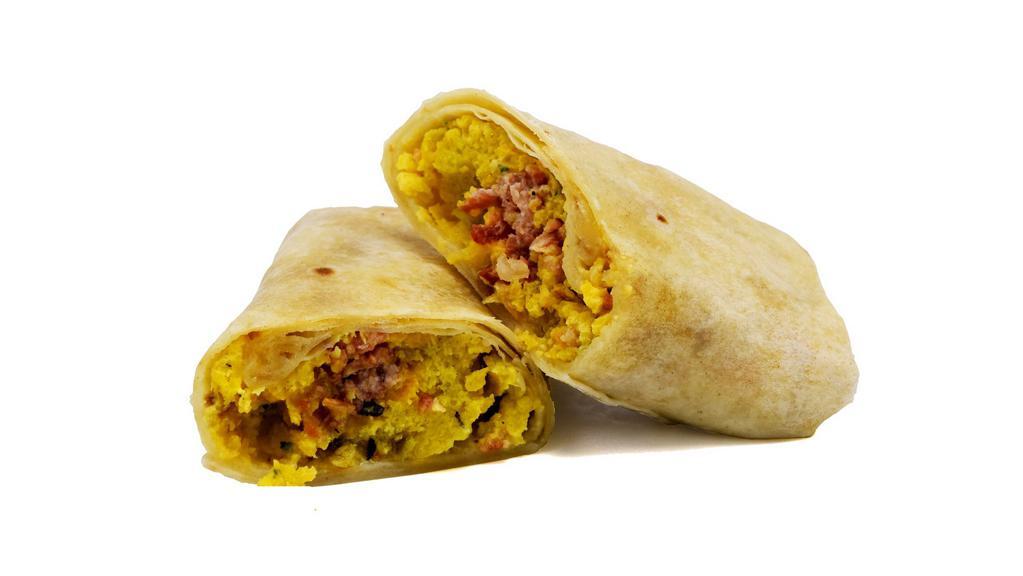 Uncured Bacon Egg And Cheese Wrap · Bacon, Egg, Cheese, and Potatoes wrapped in a flour tortilla!