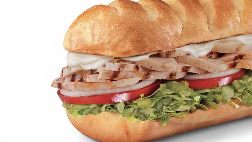 Grilled Chicken Breast  , Small (3-4 Inch) · Grilled chicken breast and melted provolone, served Fully Involved® (mayo, lettuce, tomato, onion, deli mustard, and a pickle spear on the side).