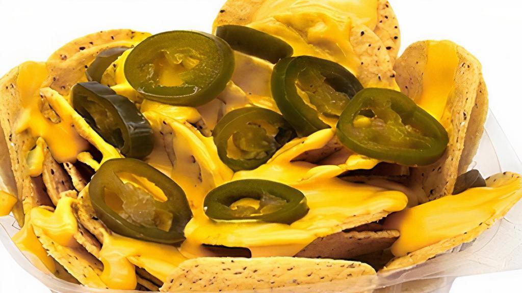 Nachos · Chips topped with nacho cheese and jalapeños.