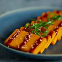 Homemade Yellow Bean Tofu · Vegan. Homemade yellow bean tofu. Crispy on the outside and soft in the inside. Served with ...