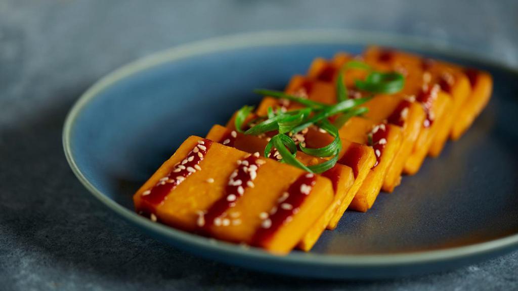 Homemade Yellow Bean Tofu · Vegan. Homemade yellow bean tofu. Crispy on the outside and soft in the inside. Served with a soy chili sauce.