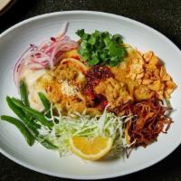 Nan Pia Dok · Gluten-Free. Flat rice noodles with coconut chicken curry sauce, string beans, yellow bean p...