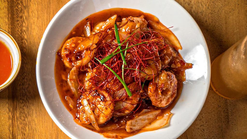 Superstar Shrimp · Gluten-Free. Wok tossed with chili, garlic, sliced onions, and sweet soy sauce.